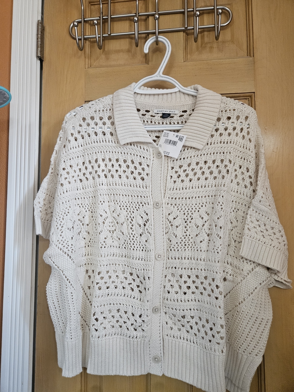 American Eagle Outfitters Cream Crochet Button-Up Sweater